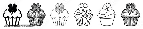 Six festive St Patrick's Day cupcakes decorated with four-leaf clovers are shown in a collection of different black and white artistic illustration styles