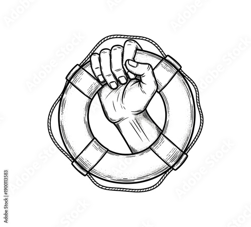 Hand grasping lifebuoy sketch: symbol of safety and support in nautical adventures