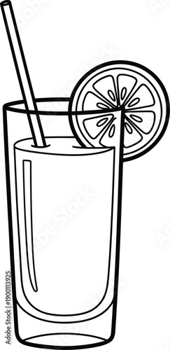 Black and white outline drawing of a tall glass of juice with a straw and a citrus slice garnish