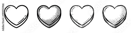 Set of four hand-drawn heart icons in a rough sketch and doodle style, showing different hatching and line art techniques for romantic or emotional concepts