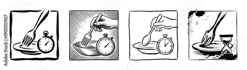 Set of four hand-drawn illustrations showing the concept of timed eating, featuring a fork, spoon, plate, stopwatch, and hourglass in a graphic, retro woodcut style