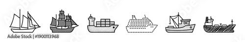 Collection of six ship and boat icons drawn in a simple black and white line art style, including a sailboat, galleon, cargo ship, cruise liner, fishing boat, and tanker