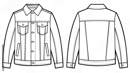 Technical drawing of a classic button down shirt with collar and pockets