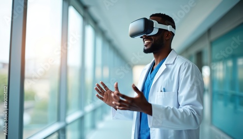 Doctor wears VR headset in hospital hallway. Man uses virtual reality tech for medical training or patient care. Future of medicine innovation exploring digital health. © Vadym