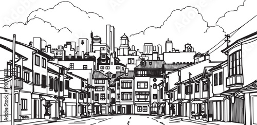 City landscape. Line urban backdrop. Skyline with clouds, different buildings on street, doodle street draw, outline cityscape hand sketch, flat houses. Hand drawn vector illustration