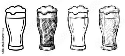 Four beer glasses with frothy foam heads, a hand-drawn set of black and white illustrations in various sketch, doodle, and crosshatching styles for a brewery or bar theme