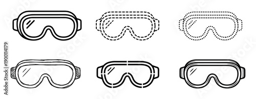 Set of six black ski goggle icons presented in various line art styles including simple outline, dashed, dotted, and hand-drawn for winter sports concepts