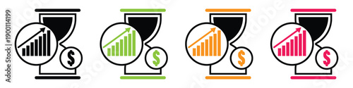 Comprehensive Business Success Icons Highlighting Time Management for Financial Growth, Strategic Wealth Accumulation, and Sustainable Economic Development through Efficient Investment.