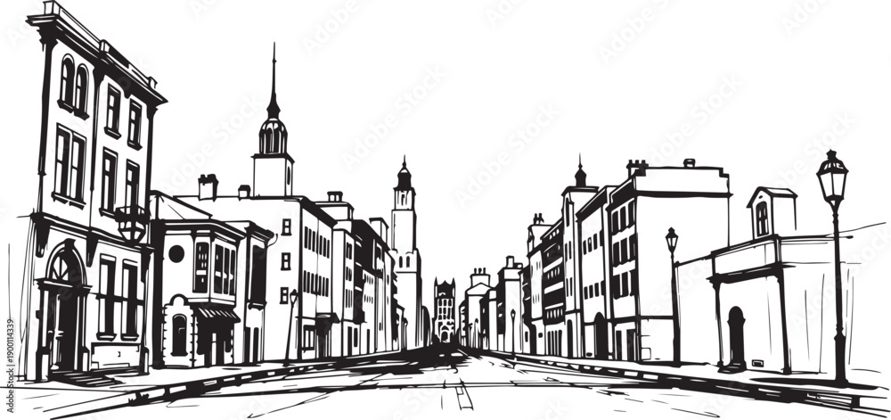 Fototapeta premium City landscape. Line urban backdrop. Skyline with clouds, different buildings on street, doodle street draw, outline cityscape hand sketch, flat houses. Hand drawn vector illustration