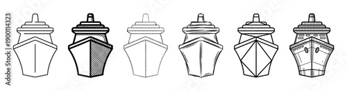 Set of six black cruise ship icons in various line art styles, including simple outline, sketch, dotted, geometric, and detailed illustrations showing a front view of the vessel