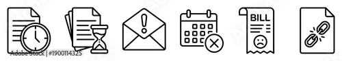 Set of six black outline icons representing business problems like deadlines, overdue bills, urgent messages, canceled events, and broken links in a clean minimalist style