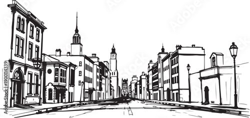 City landscape. Line urban backdrop. Skyline with clouds, different buildings on street, doodle street draw, outline cityscape hand sketch, flat houses. Hand drawn vector illustration