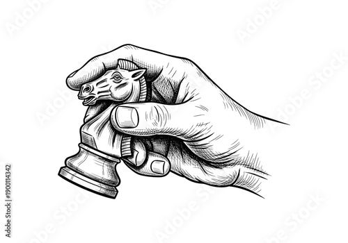 Hand holding knight chess piece drawing in detailed black and white sketch style