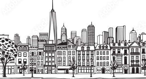 City landscape. Line urban backdrop. Skyline with clouds, different buildings on street, doodle street draw, outline cityscape hand sketch, flat houses. Hand drawn vector illustration
