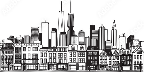 City landscape. Line urban backdrop. Skyline with clouds, different buildings on street, doodle street draw, outline cityscape hand sketch, flat houses. Hand drawn vector illustration