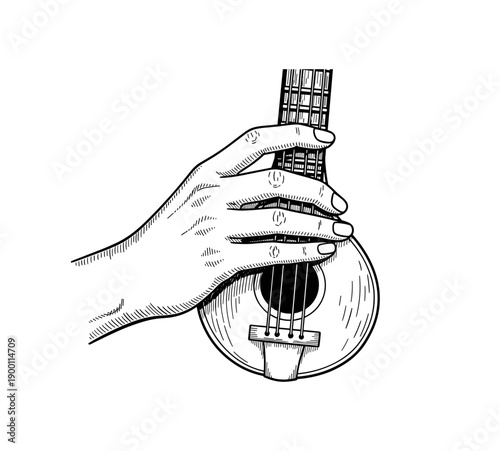 Hand playing ukulele in vintage engraved style