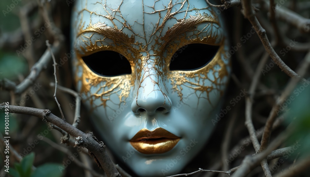 Fototapeta premium Cracked porcelain mask with gold leaf patterns rests in tangled branches. Mystical object, mask dark eyes, golden lips. Pale surface features delicate cracks. Mysterious forest setting evokes