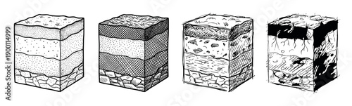 Four hand-drawn soil layer cross-section illustrations showing different geological strata and earth textures in a black and white sketch style