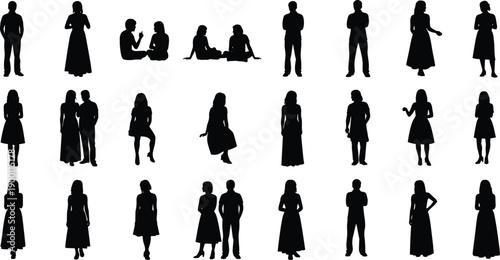 Silhouette collection of women and couples in casual standing and sitting poses isolated on white background lifestyle illustration