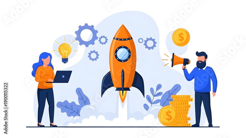 Business Startup Launch with Rocket Rocketing Success and Financial Growth Elements, Perfect for Entrepreneurial Growth and Project Kickoff Marketing.