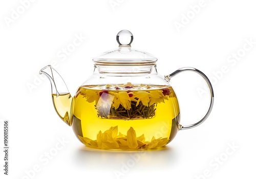 A glass teapot filled with yellow tea and herbs on a white background.