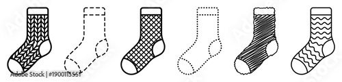 Set of six black sock icons with various patterns and line styles arranged in a row, showcasing knitted, grid, wavy, dashed, dotted, and hand-drawn scribble designs