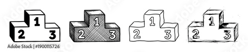 Set of four hand-drawn winner's podiums for first, second, and third place, showcasing various artistic sketch and doodle styles in a black and white illustration collection
