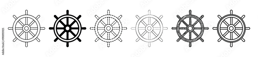 Obraz premium Set of six black ship's wheel icons presented in various graphic styles including outline, solid silhouette, dashed, dotted, and a hand-drawn sketch for nautical design