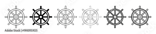 Set of six black ship's wheel icons presented in various graphic styles including outline, solid silhouette, dashed, dotted, and a hand-drawn sketch for nautical design