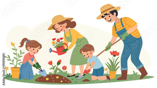 Happy family gardening together in sunny backyard