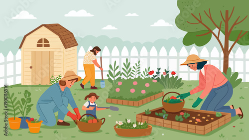 Family enjoying gardening together in their backyard