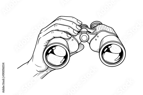 Detailed hand-drawn illustration of hands holding binoculars in black and white