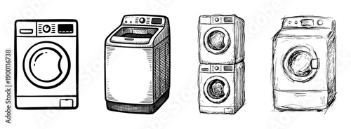 Set of four hand-drawn washing machines in various sketch and doodle styles, showcasing front-loading, top-loading, and stacked laundry appliance models as line art icons