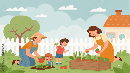 Family gardening together in a sunny backyard with raised beds