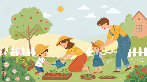Happy family gardening together in sunny backyard on a beautiful day