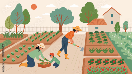 Family enjoying gardening together in a sunny backyard vegetable garden