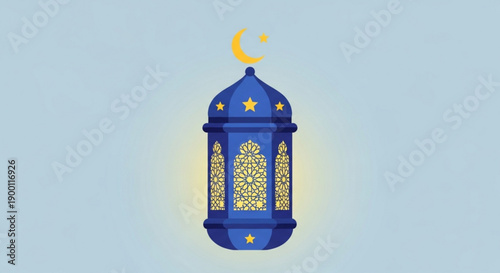 A blue lantern with gold accents and a crescent moon on top, symbolizing Ramadan or Islamic culture