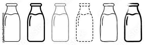 Set of six milk bottle vector icons in various outline styles including simple, bold, dotted, dashed, hand-drawn sketch, and brush stroke for graphic design elements