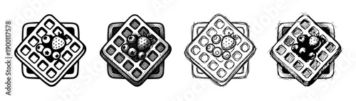 Set of four hand-drawn waffles with berries, showcasing different artistic styles from simple graphic to detailed engraving and loose sketch for breakfast or dessert concepts
