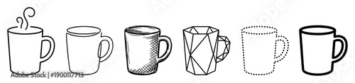 Set of six hand-drawn mugs and cups in various artistic styles including line art, sketch, geometric, and dotted outline, perfect for cafe or beverage concepts