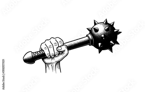 Hand holding spiked mace in retro black and white design