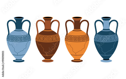Ancient Greek amphorae with meander pattern in blue brown and orange vase pottery