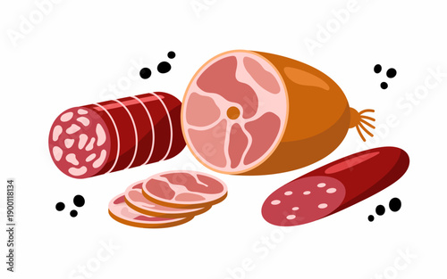 Assortment of sliced cured meats and a whole ham white background with black dots salami sausage