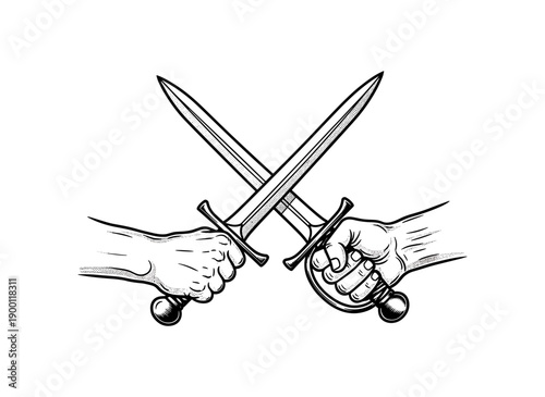 Vintage style duel swords and hands in dynamic crossed position