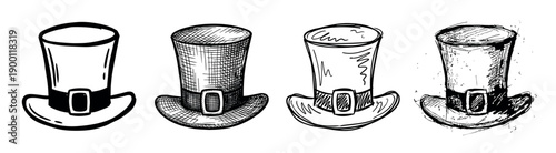 Four black and white hand-drawn leprechaun hats in a row, a collection of festive holiday symbols illustrated in various sketch and doodle styles with cross-hatching textures