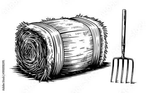 Black and White of a Rolled Hay Bale and Pitchfork White Background farm