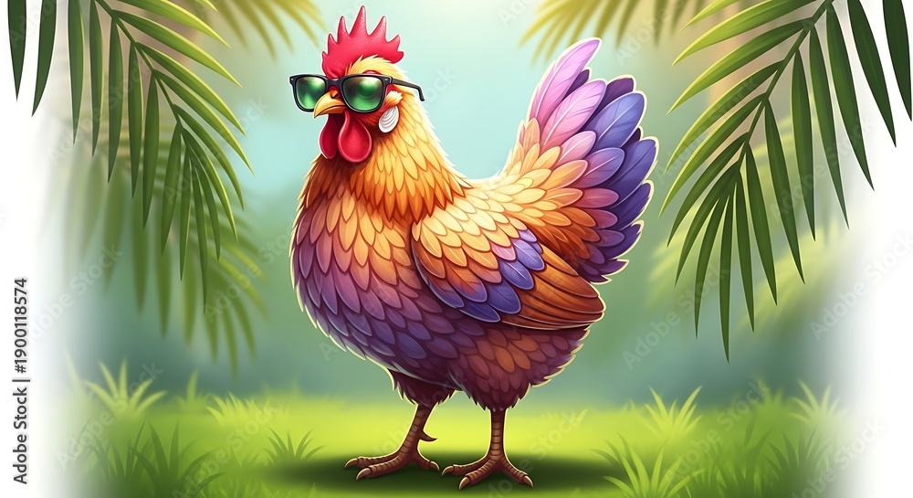 Fototapeta premium Vibrant colorful rooster wearing sunglasses standing in a tropical paradise