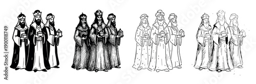 Four sets of Three Wise Men illustrations showing the biblical Magi in different artistic black and white styles, including graphic, engraving, and hand-drawn line art for Christmas