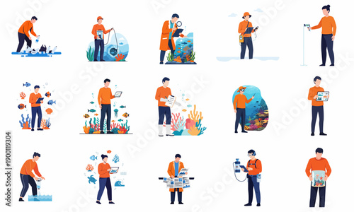 Modern Flat Style Man Taking Care of Aquarium Collection Illustration