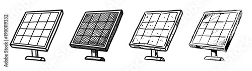Set of four hand-drawn solar panels in a sketchy black and white ink doodle style, a collection of alternative energy equipment illustrations representing renewable power